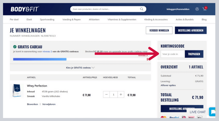 hoe gebruik ik een body en fit kortingscode