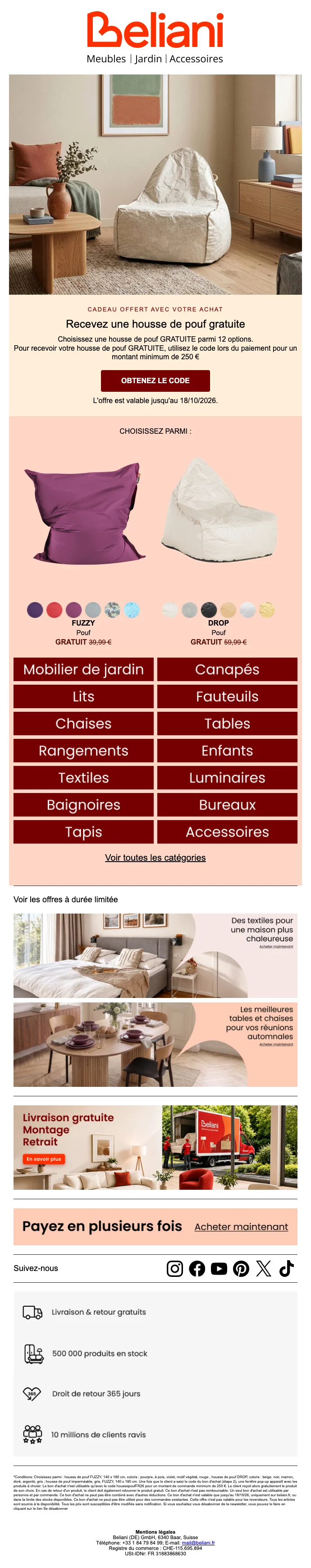 Bewijs van coupon - Beliani - Gratis [[poufhoes]] bij besteding vanaf €250 voor FUZZY of DROP