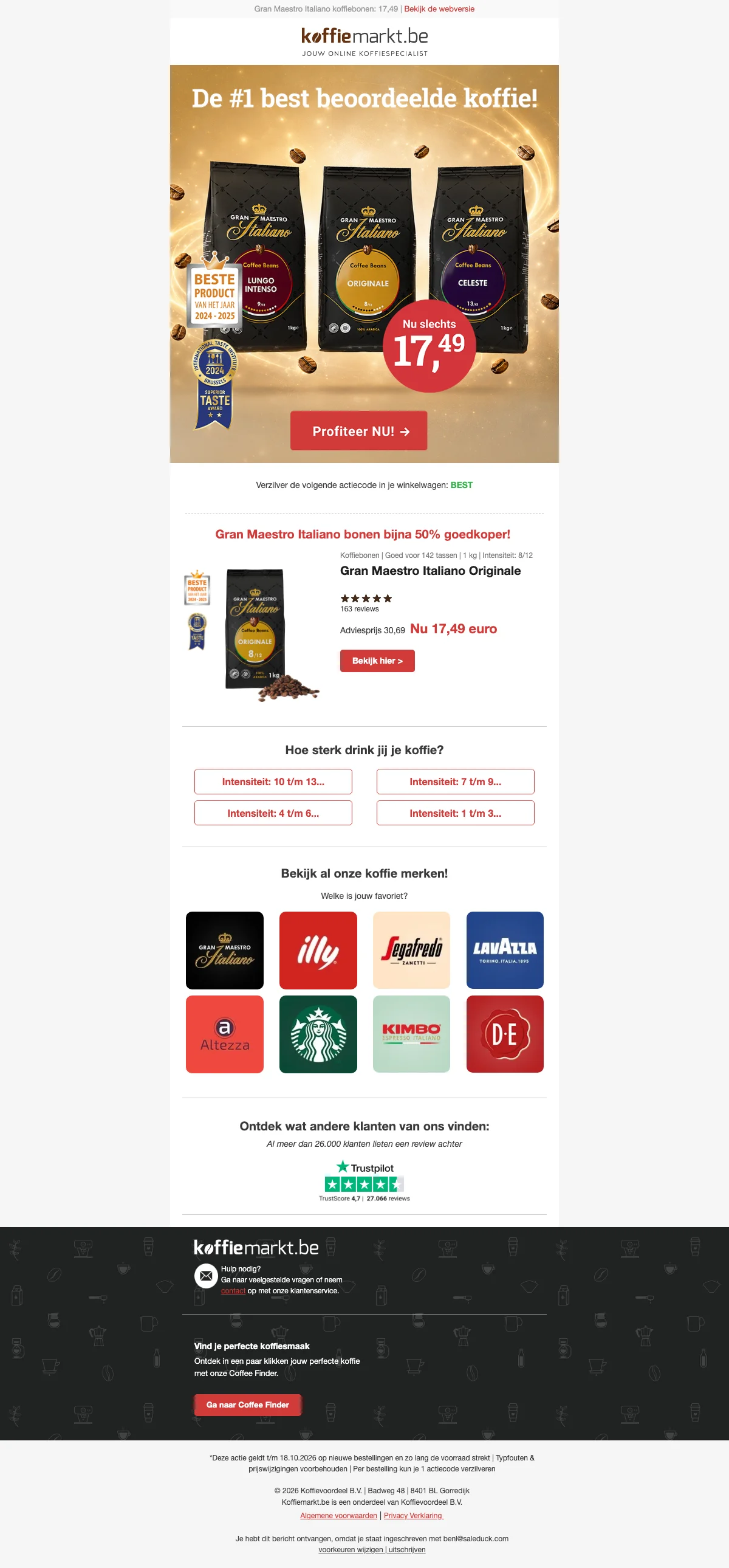 Bewijs van coupon - Koffiemarkt - Kortingscode: [[bijna 50%]] op 1 kg koffiebonen goed voor 142 tassen