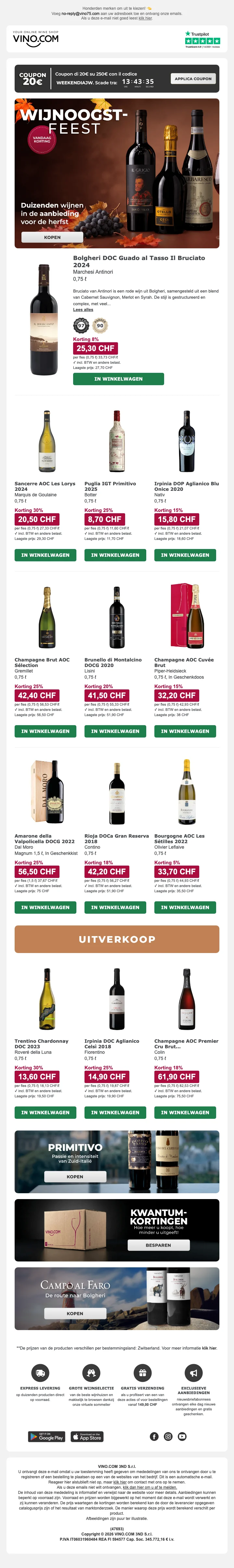 Bewijs van coupon - Vino - [[€20 korting]] op wijnbestellingen vanaf €250 voor je herfstfeest