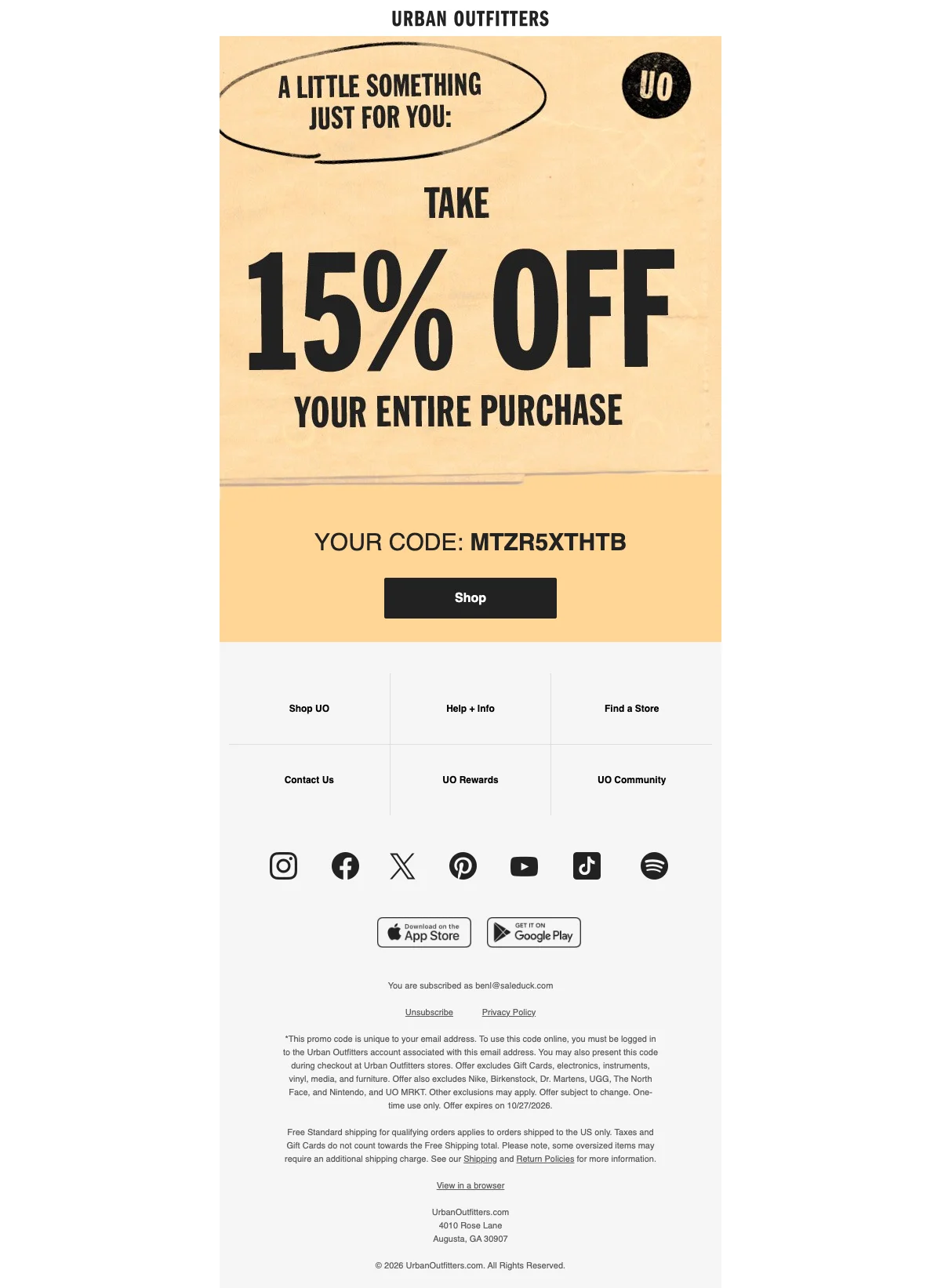 Bewijs van coupon - Urban Outfitters - Kortingscode: [[15% korting]] op je hele bestelling