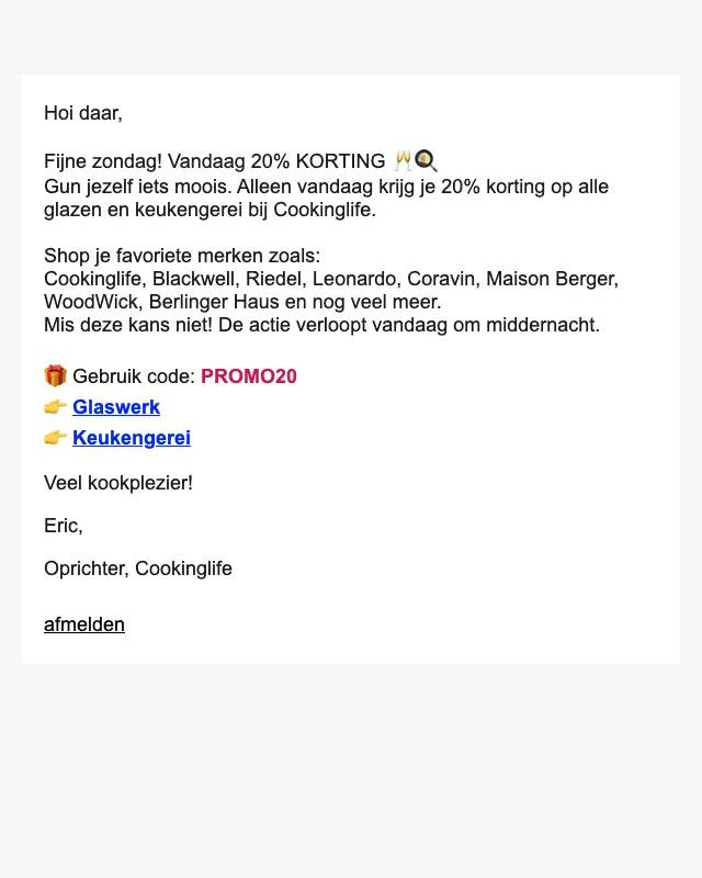 Bewijs van coupon - Cookinglife - Aanbieding: [[20% korting]] op glaswerk en keukengerei