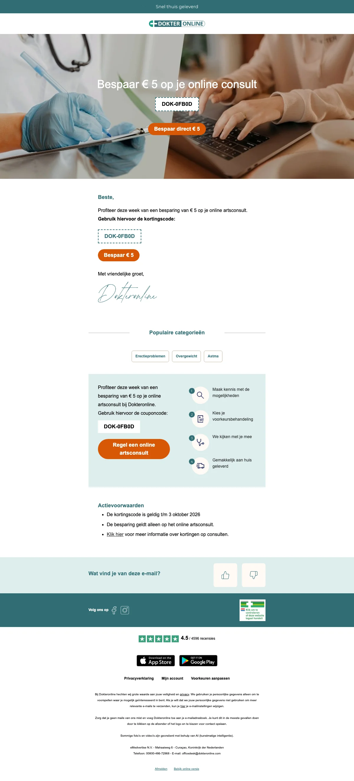 Bewijs van coupon - Dokteronline - Kortingscode: [[€5 korting]] op je online consult, snel thuis geleverd