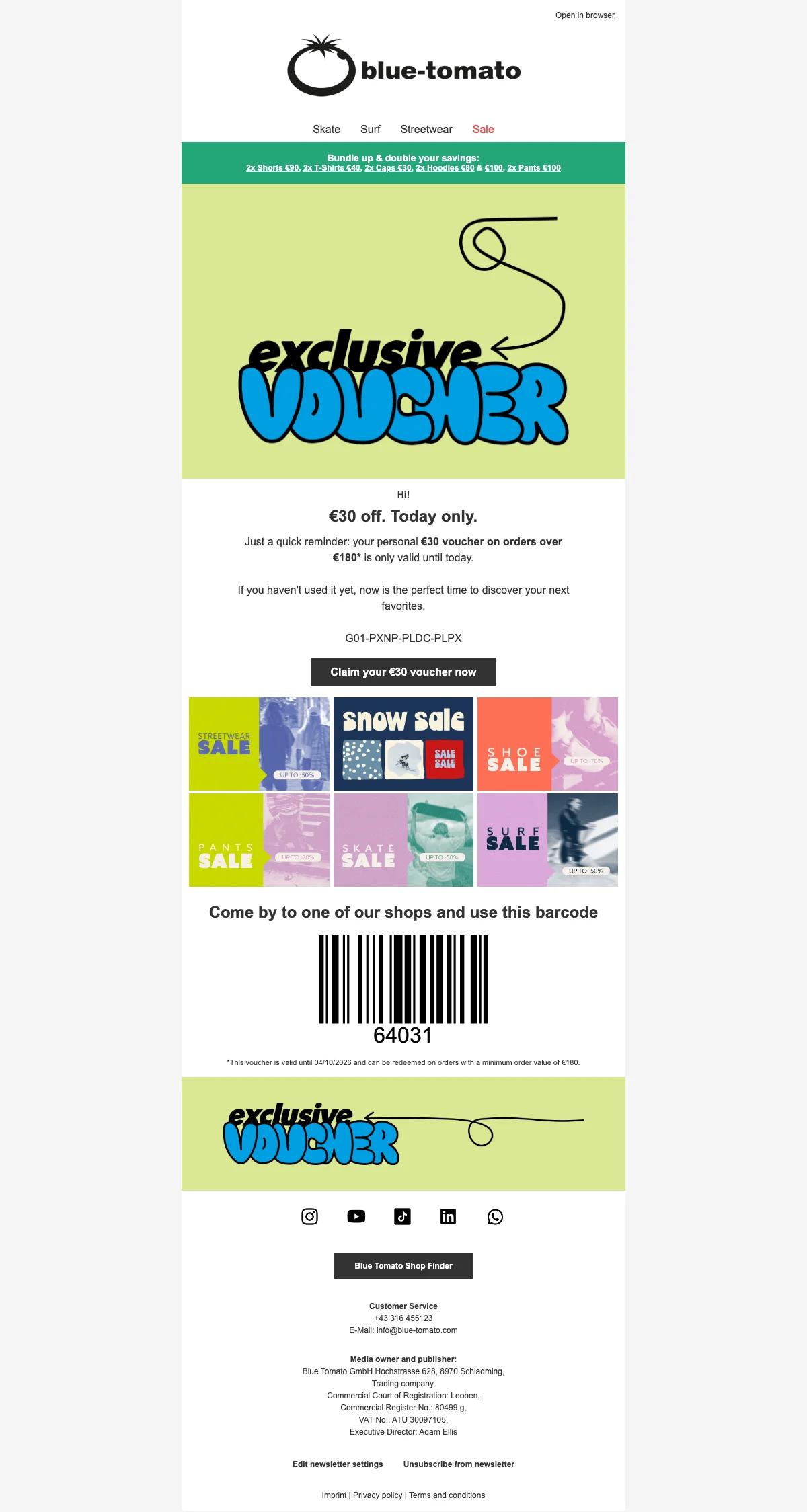 Bewijs van coupon - Blue Tomato - Kortingscode: [[€30 korting]] op bestellingen vanaf €180
