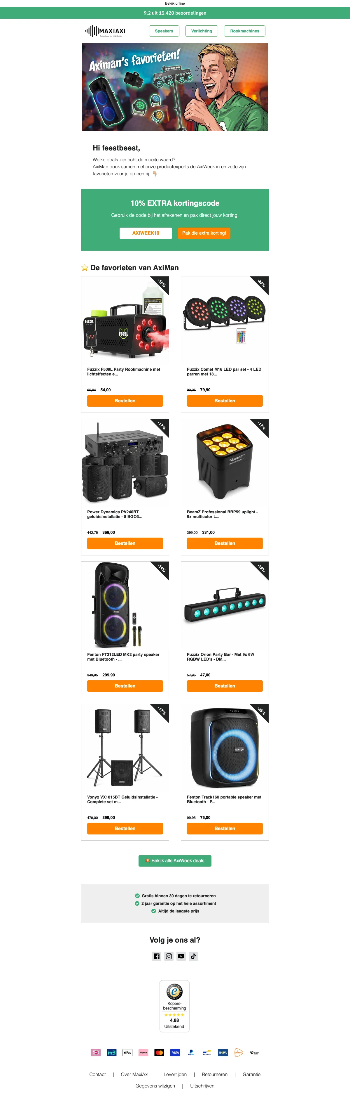 Bewijs van coupon - MaxiAxi - Krijg [[10% extra korting]] op speakers, verlichting en rookmachines