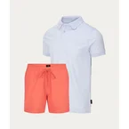 Lichtblauwe Polo + Koraalrode Zwembroek