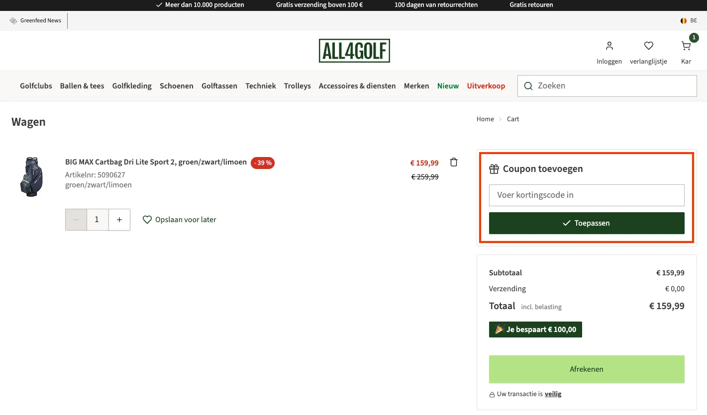 Hoe gebruik je de kortingscode - All4Golf
