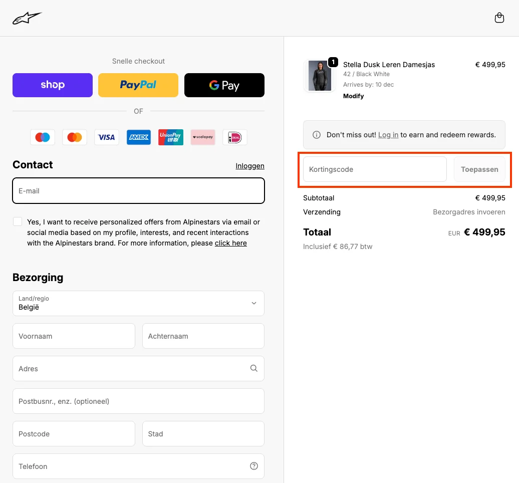 Hoe gebruik je de kortingscode - Alpinestars