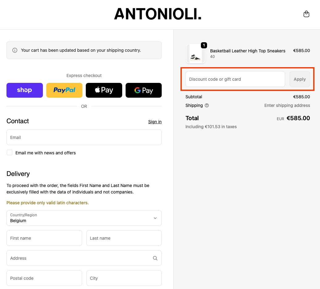 Hoe gebruik je de kortingscode - Antonioli