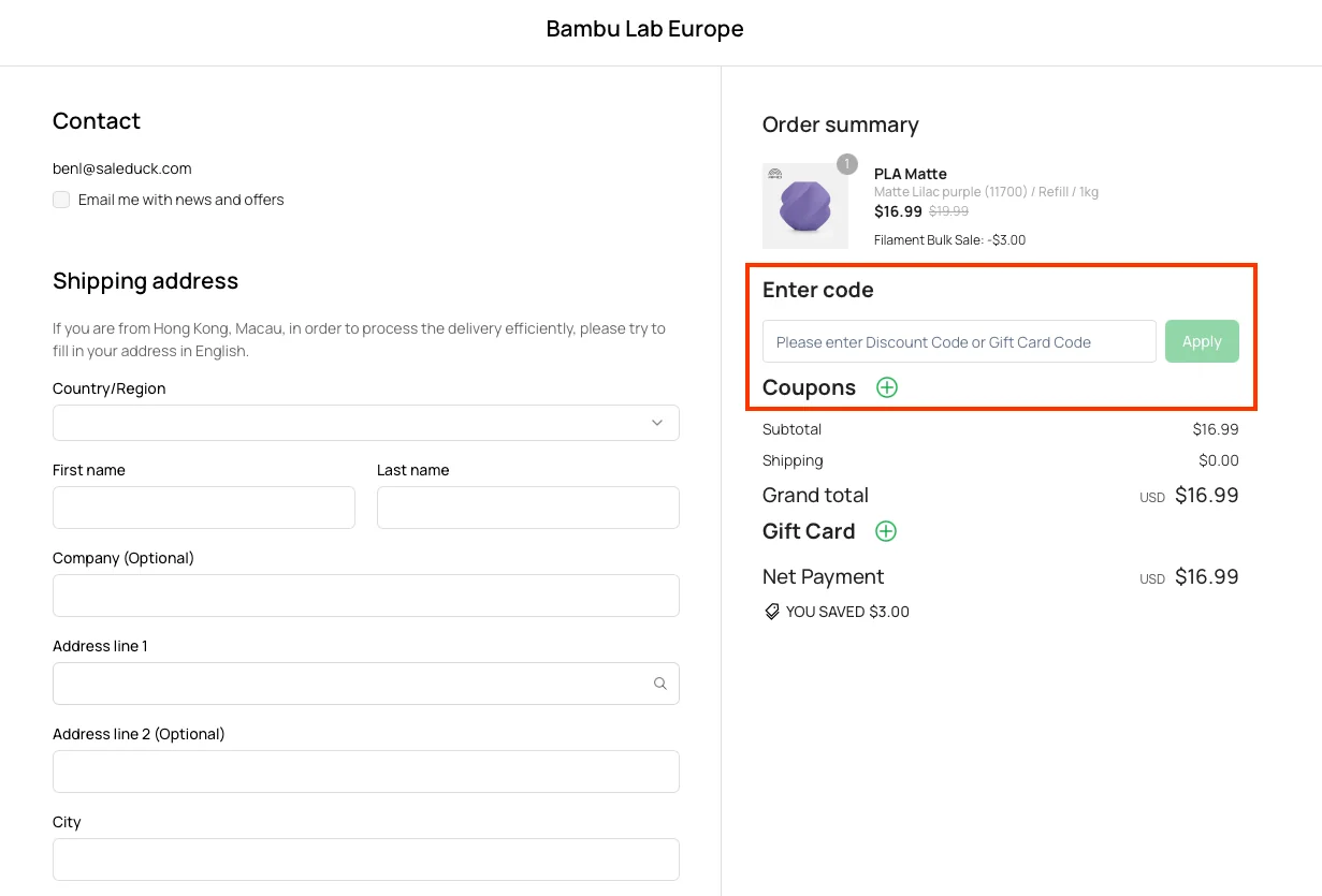 Hoe gebruik je de kortingscode - Bambu Lab