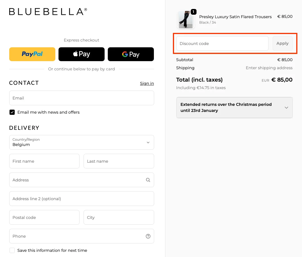 Hoe gebruik je de kortingscode - Bluebella