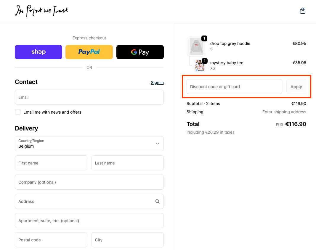 Hoe gebruik je de kortingscode - In Print We Trust