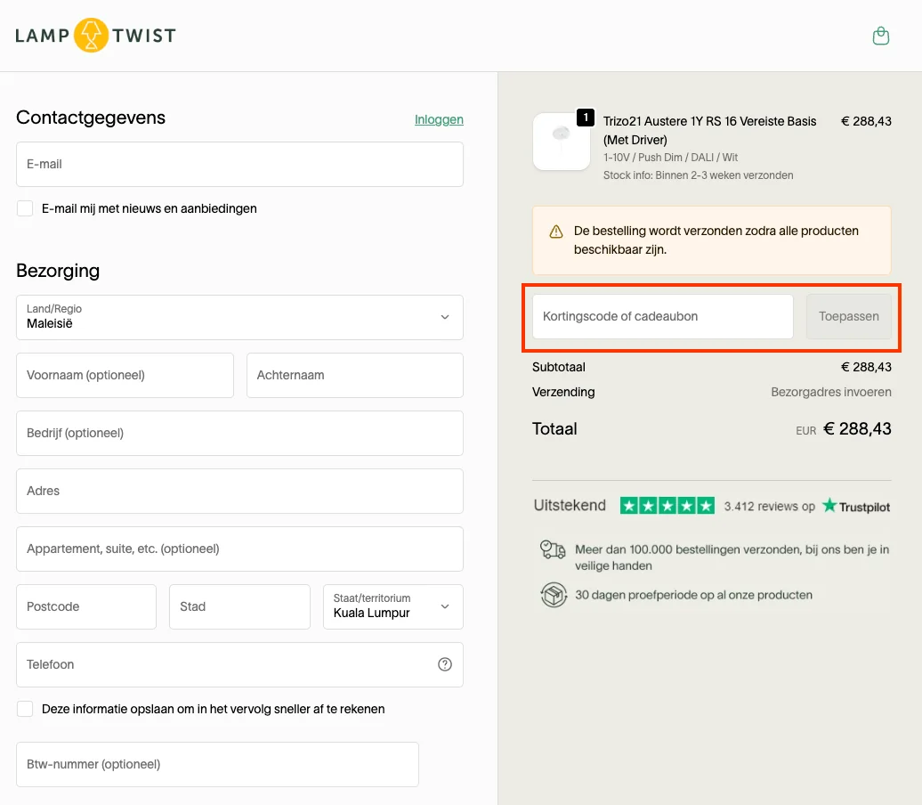 Hoe gebruik je de kortingscode - Lamptwist