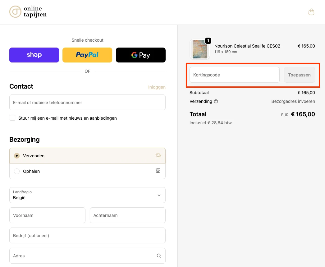 Hoe gebruik je de kortingscode - Onlinetapijten