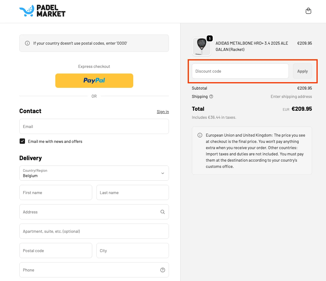 Hoe gebruik je de kortingscode - Padel Market
