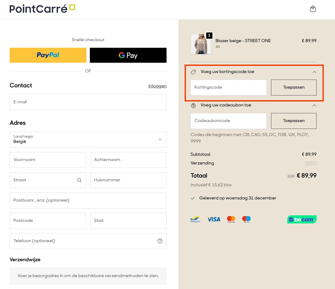 Hoe gebruik je de kortingscode - Point Carré