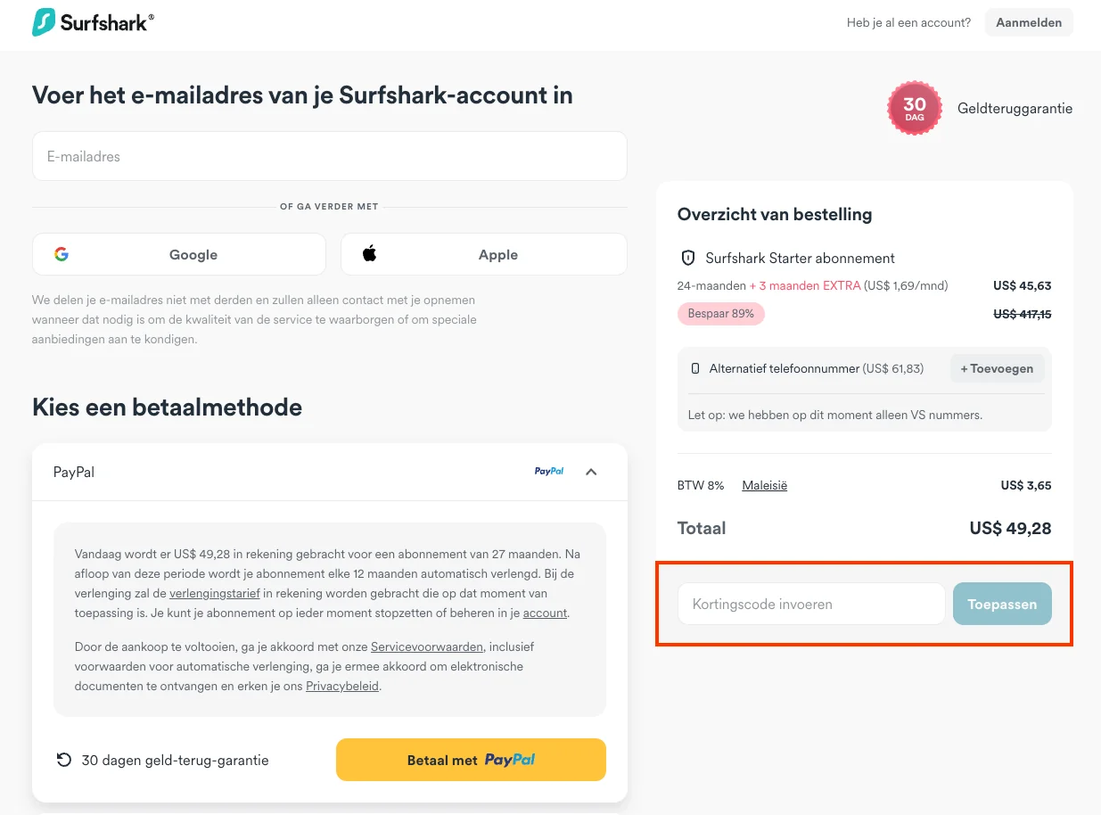 Hoe gebruik je de kortingscode - Surfshark