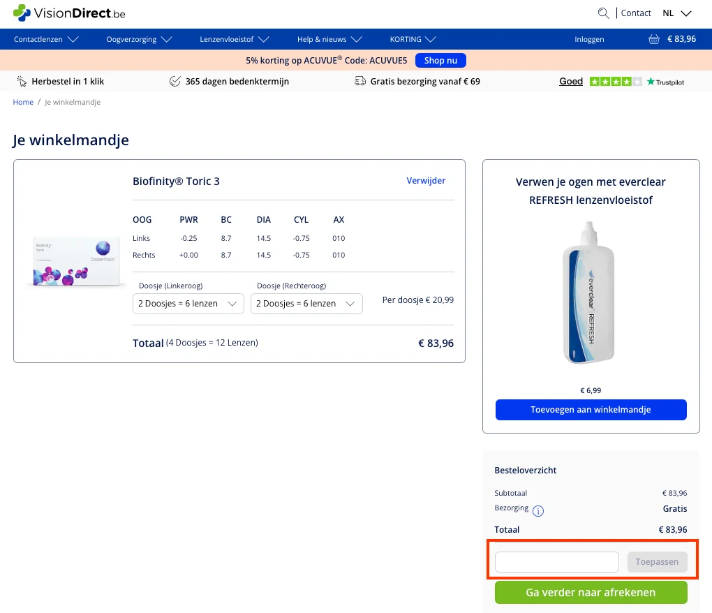 Hoe gebruik je de kortingscode - Vision Direct